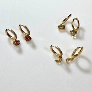 Gold Plated Sterling Silver Heart Moon Rectangle Earrings